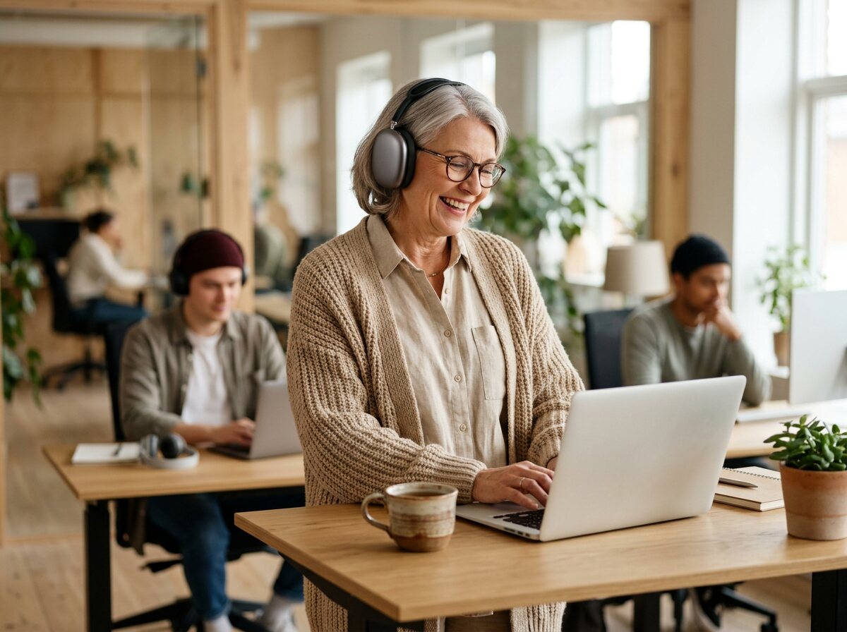 A woman in her sixties in headphones smiles and sways while typing at her standing desk.