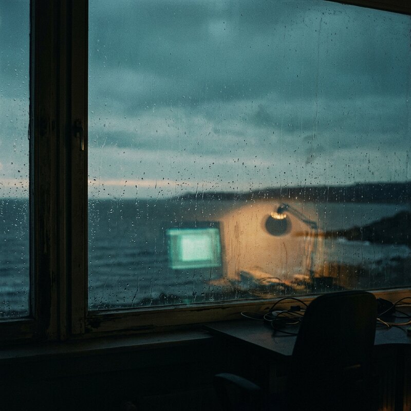 The cover of a record that does not exist: a dusk sea through a rain-streaked office window, a desk lamp and a monitor reflected in the glass.