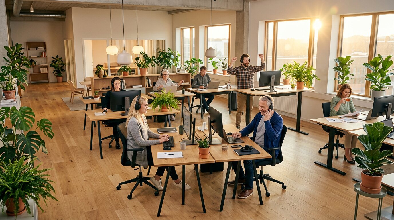 Elevated view of an open-plan office: some colleagues in headphones dance at their desks while others work in calm.