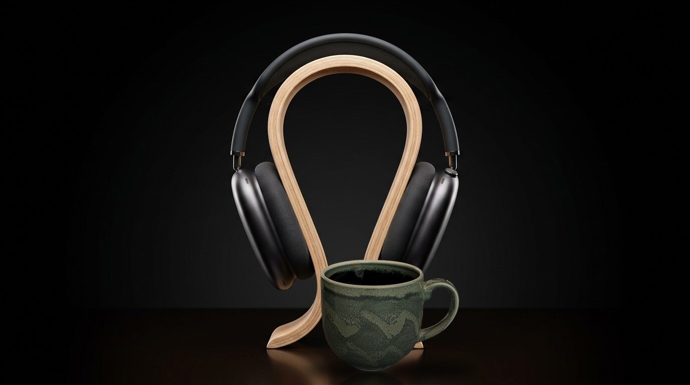 Dark over-ear headphones resting on a stand turned from pale oak, lit against black.
