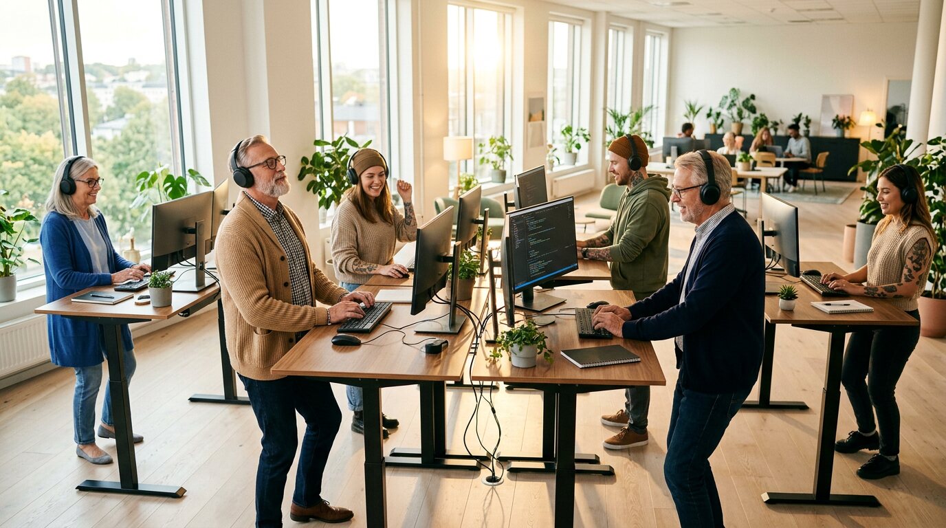The same kind of office today: colleagues of both generations at their own standing desks in headphones, code on every screen, working and dancing.