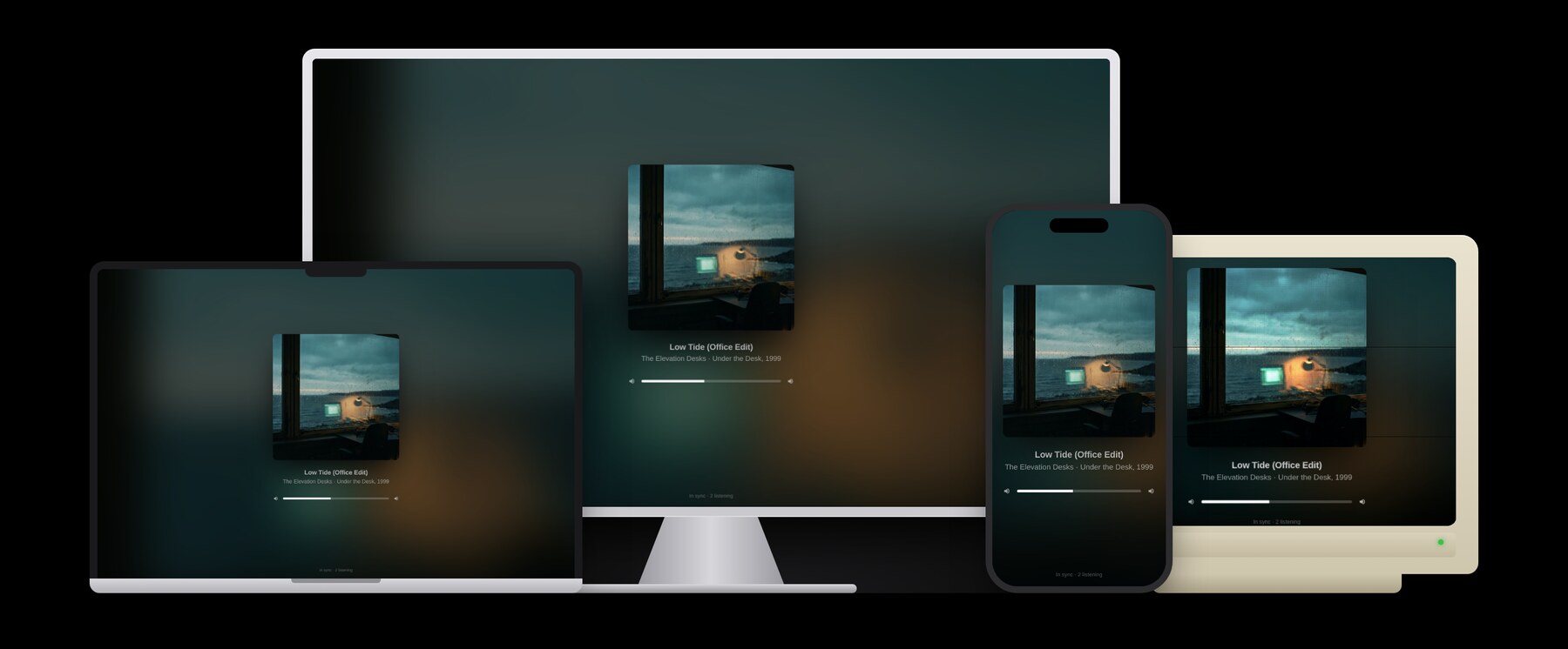 The listener page on a desktop display, a laptop, a phone and a beige CRT monitor, lined up on black, all playing Low Tide (Office Edit).