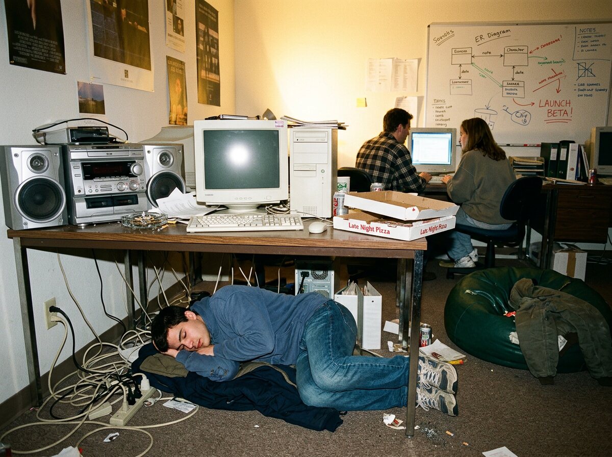 A 1999 start-up office on film: a silver hi-fi beside a CRT monitor, an ashtray, pizza boxes, two people working late and a young man asleep under the desk.