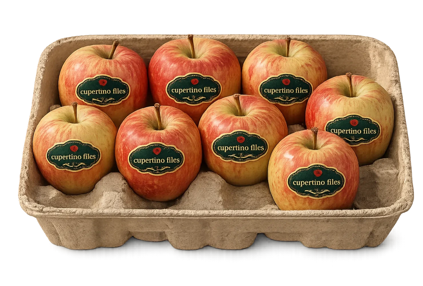 A cardboard tray of apples, each wearing a cupertino-files fruit sticker